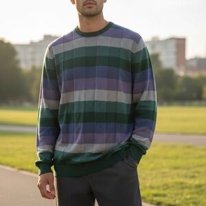 Vintage Castri Men’s Italian Sweater Cotton Striped Green Purple M